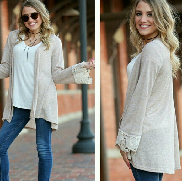 Ecru Oatmeal Open Front Lightweight Cardigan Lace Cuffs Feminine & Cute! Med - Picture 2 of 3